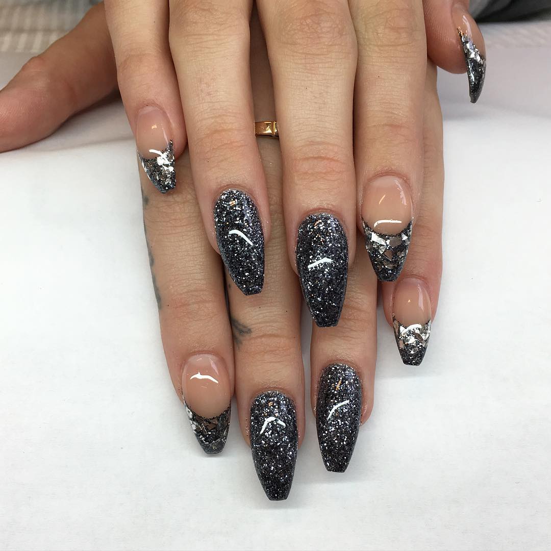 silver glitter black nails