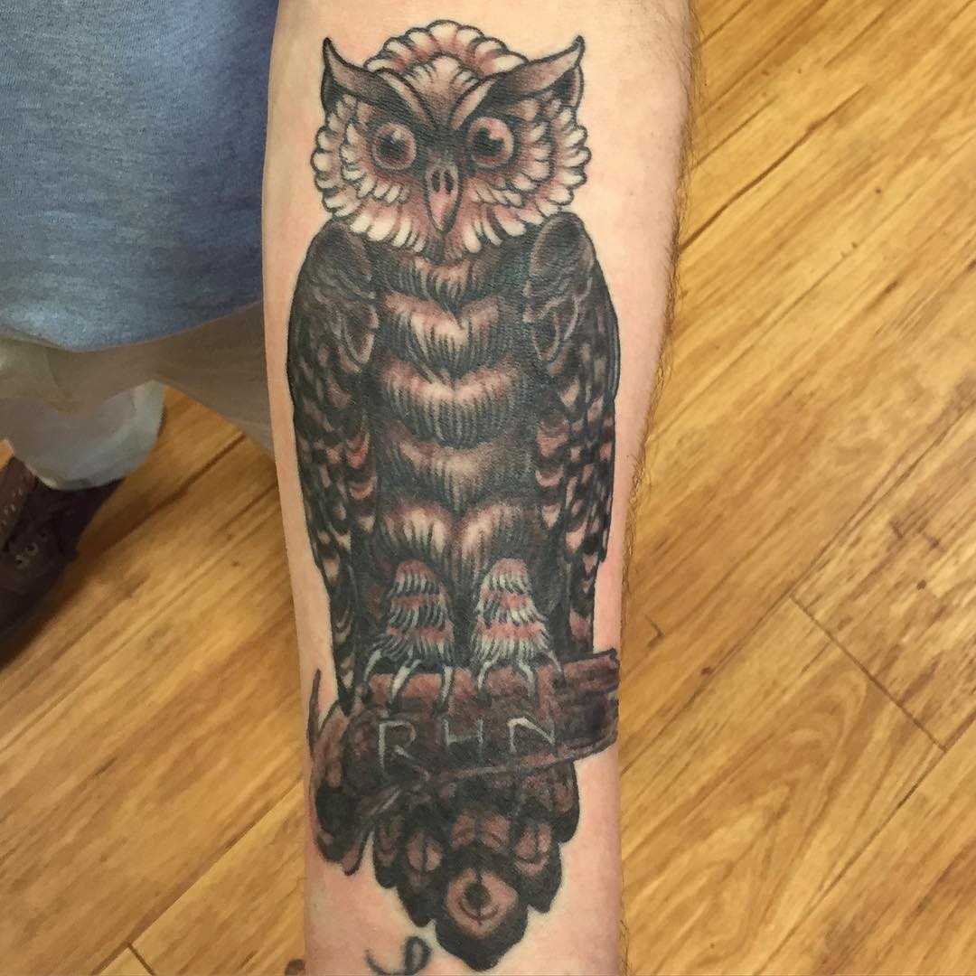 large owl hand tattoo art