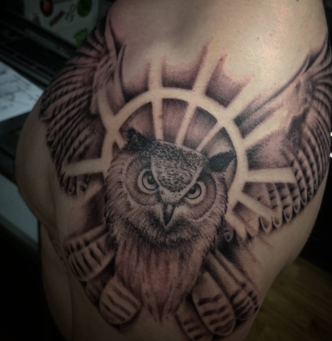 arm owl design tattoo for men