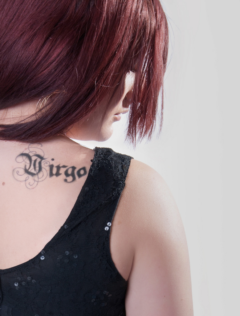 shoulder virgo wording tattoo design