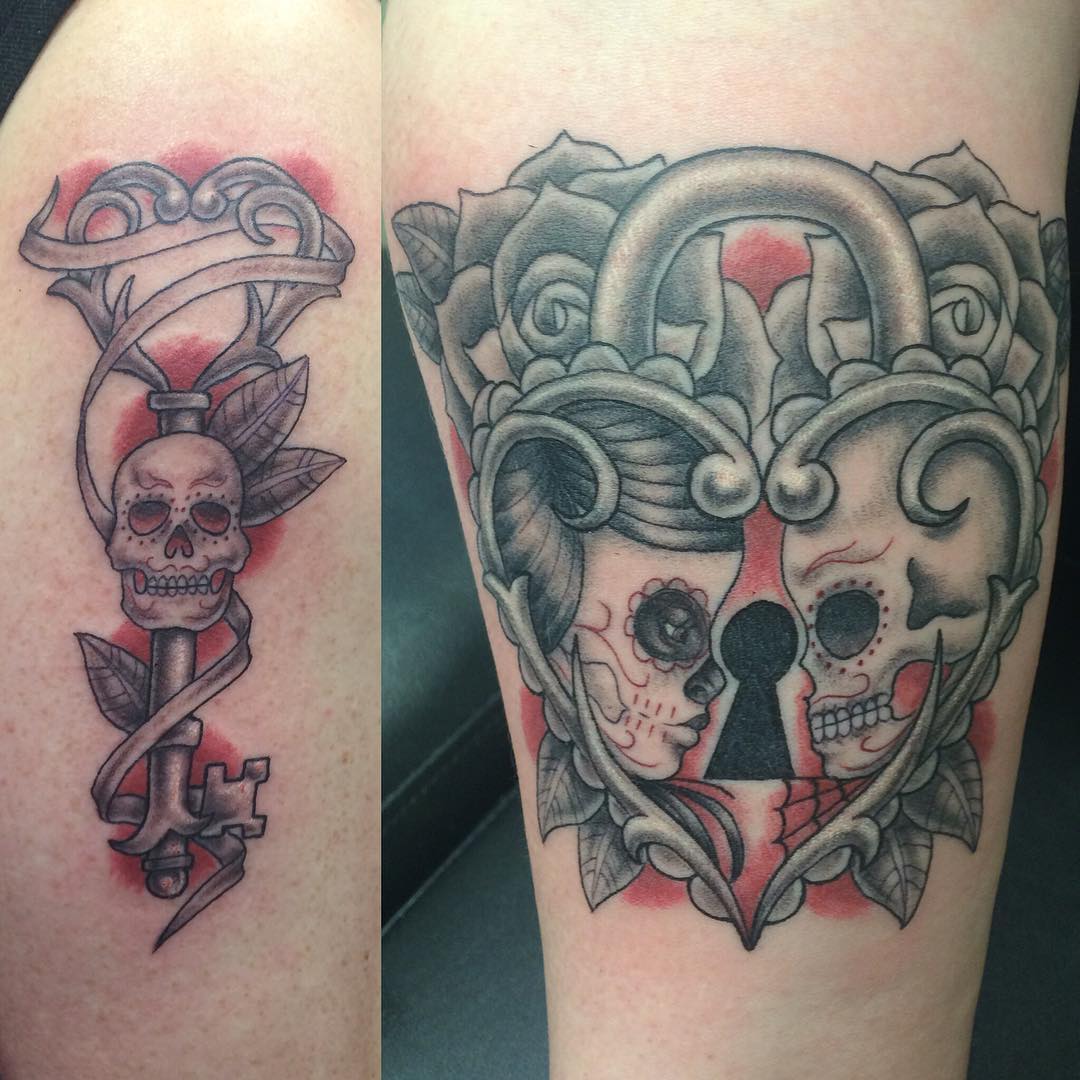 skeleton key and lock tattoo design