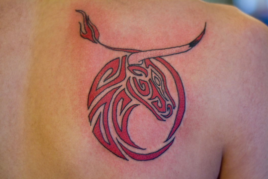 awesome red colored taurus tattoo design