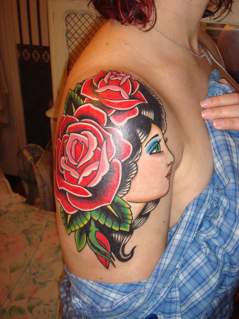 cute old style tattoo on arm for girls