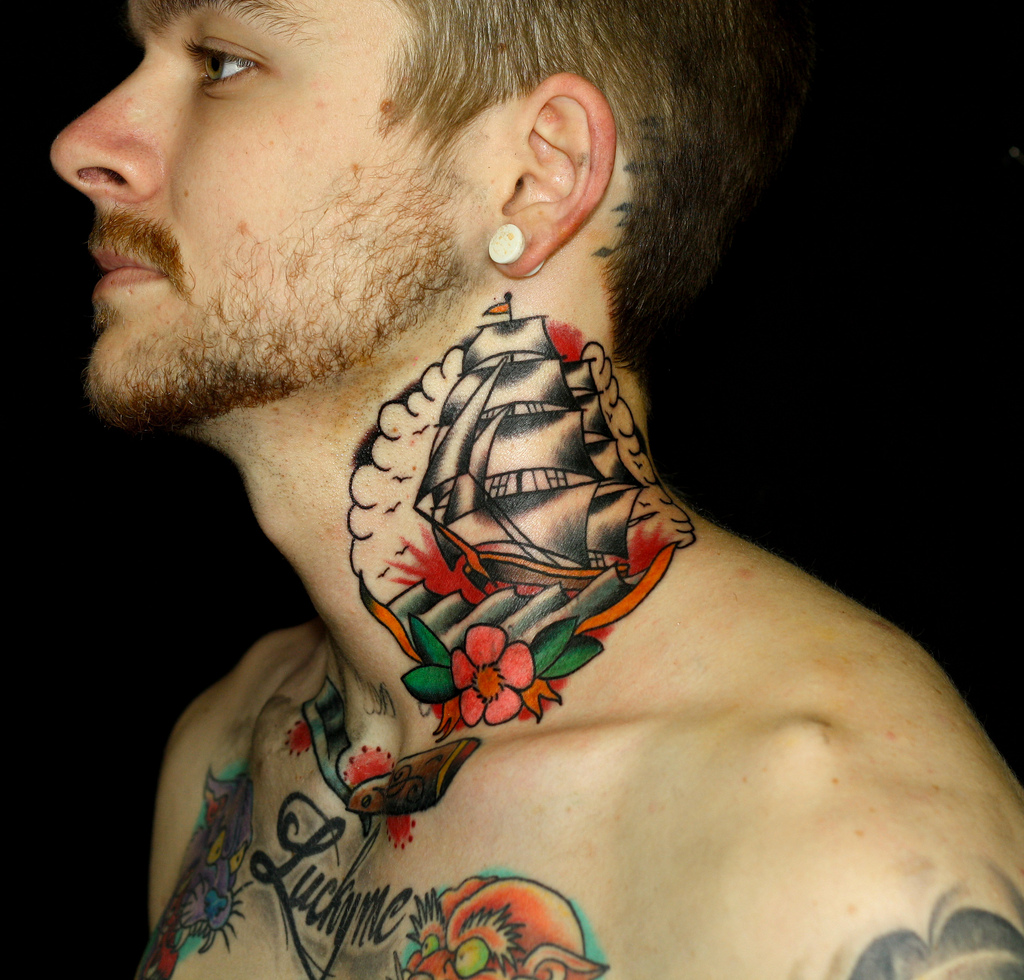 ship tattoo design on neck