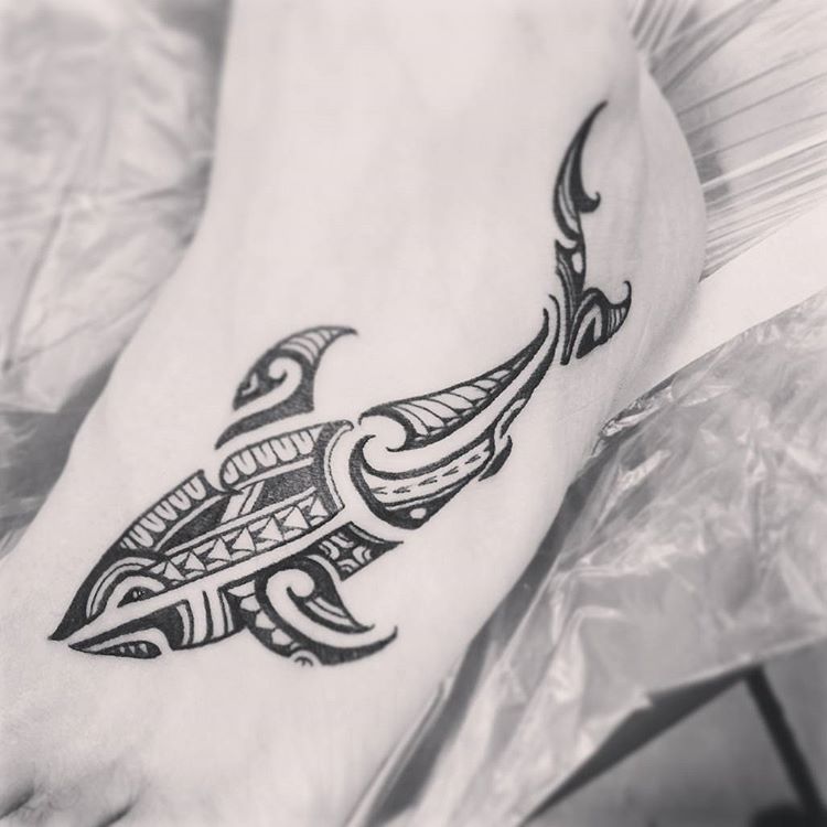 lovely shark tattoo design on foot