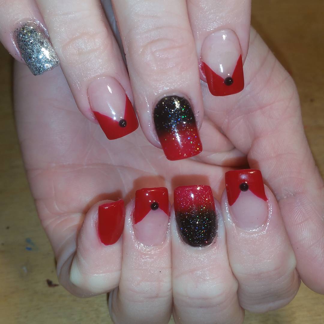 silver glitter red and black nails
