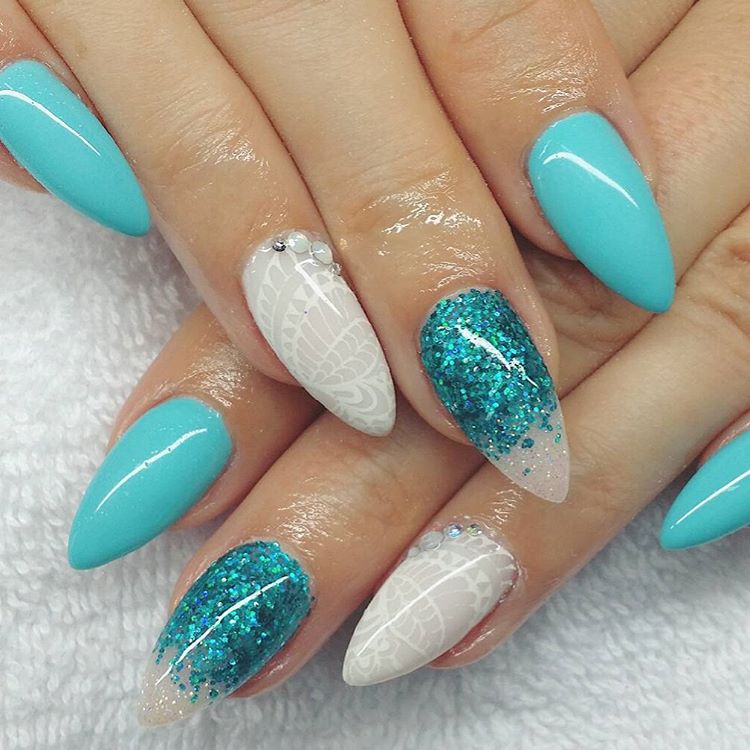 white and blue long lovely nails design