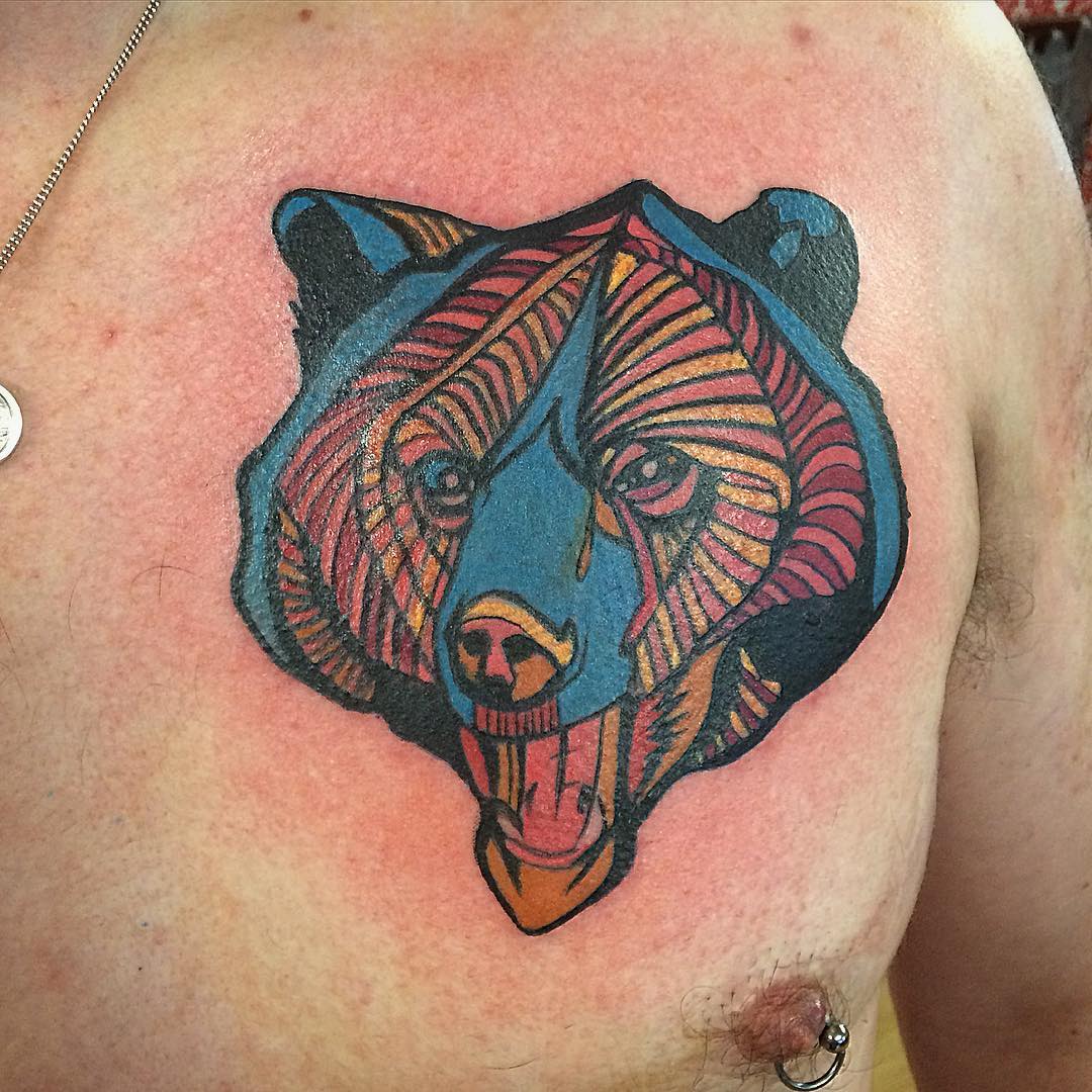 colorful bear tattoo deszign on chest