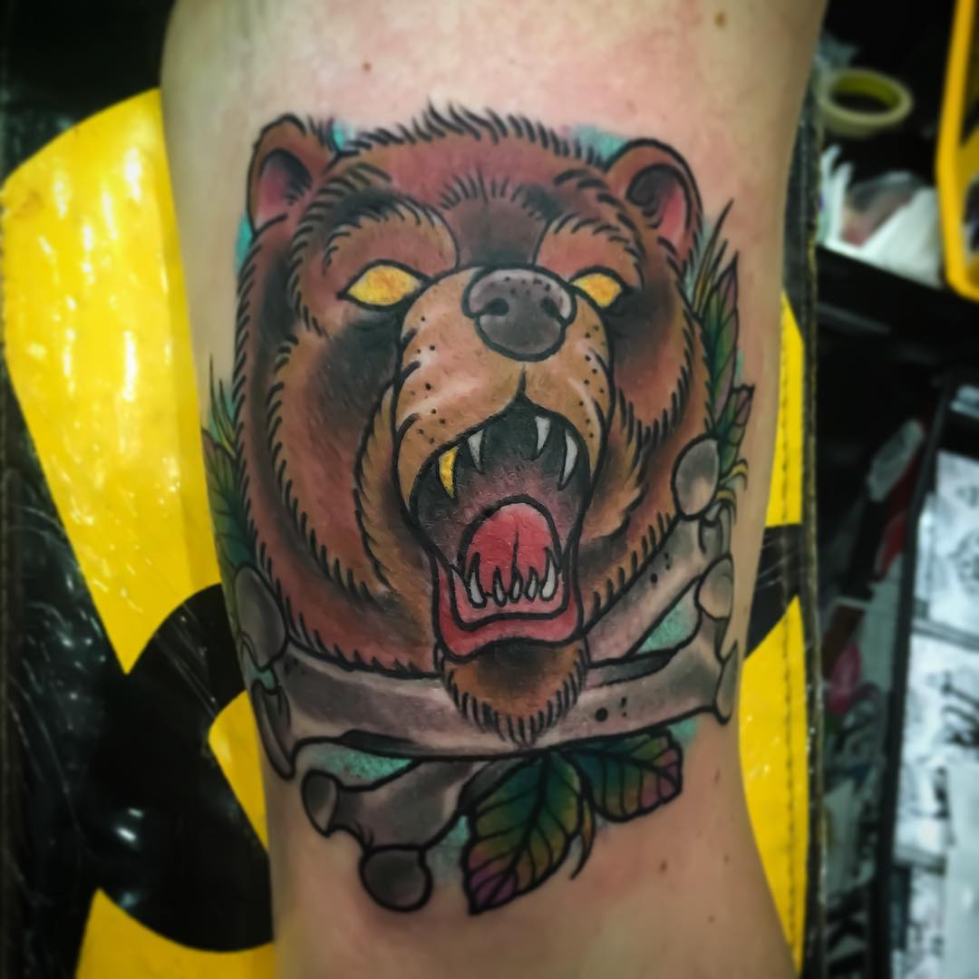 Bear's head tattoo by Ste Haury at Design 4 Life in