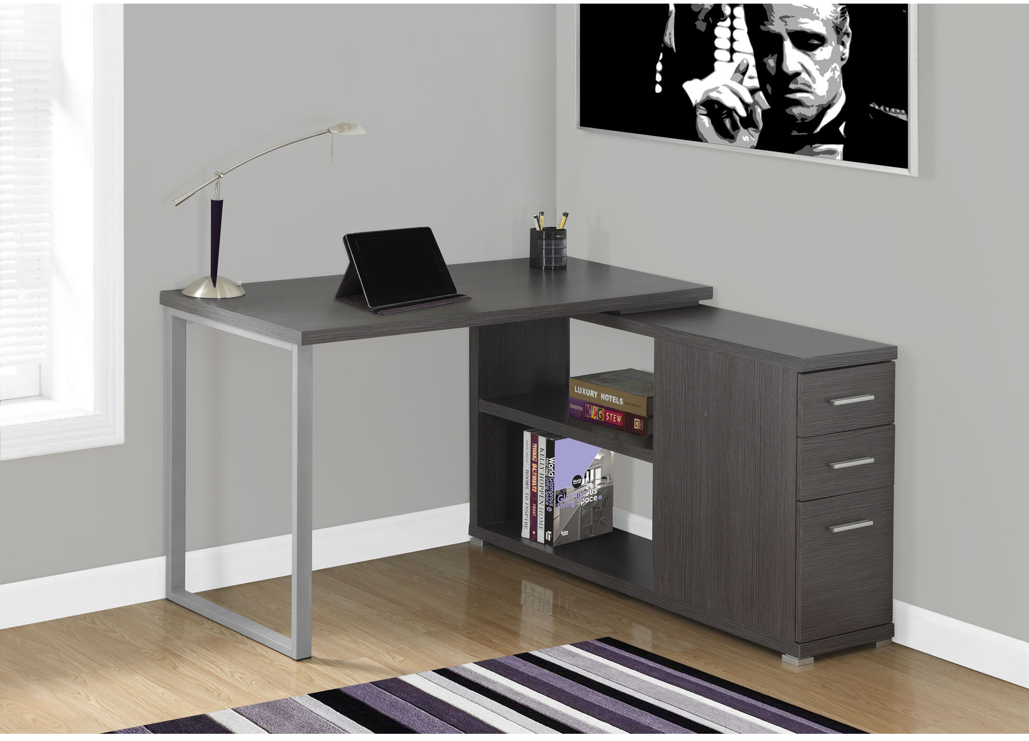 grey left or right facing computer desk