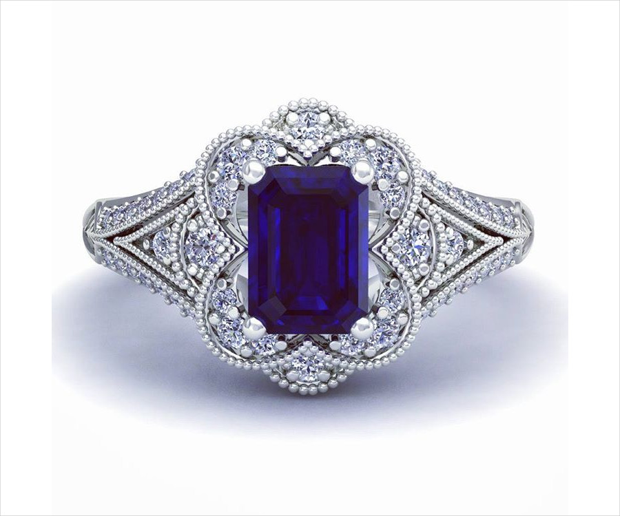 blue color vintage diamond wedding ring