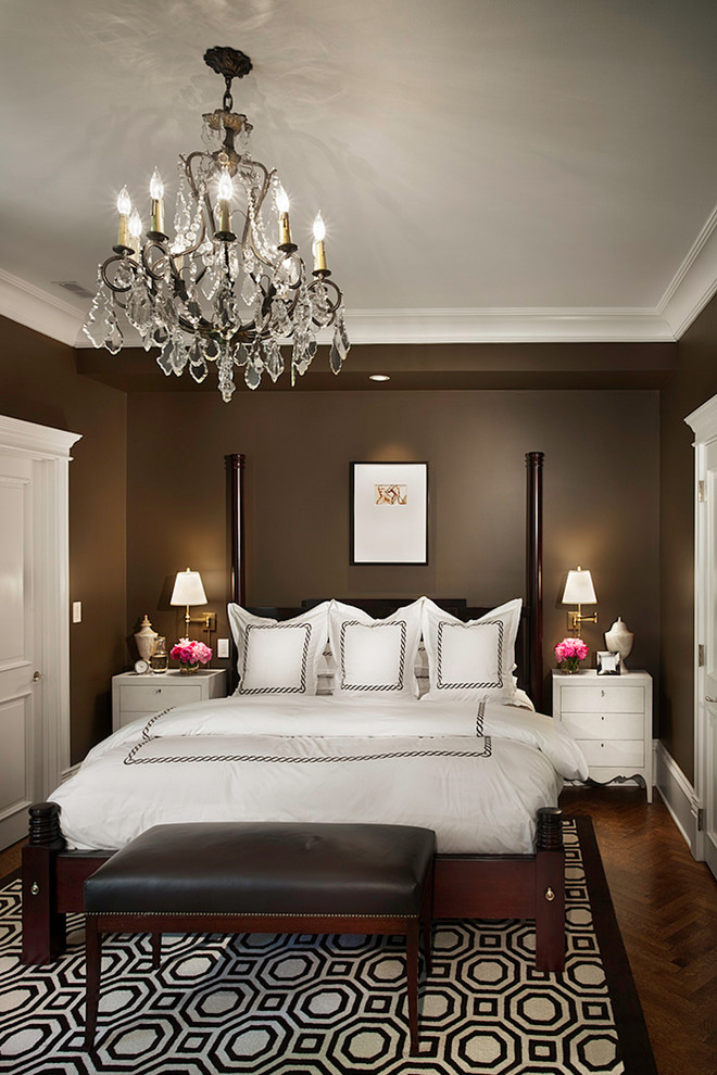traditional bedroom with brown walls