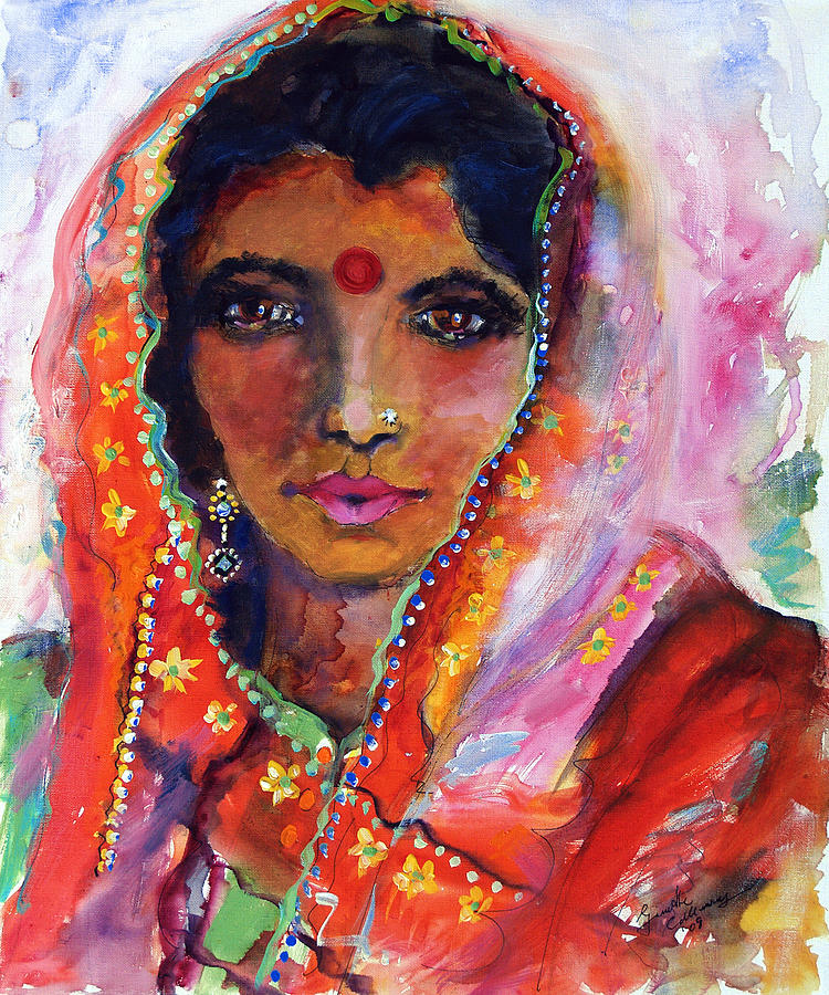women with red bindi painting indian painting