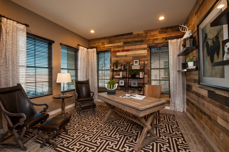 home office with wooden accent wall design