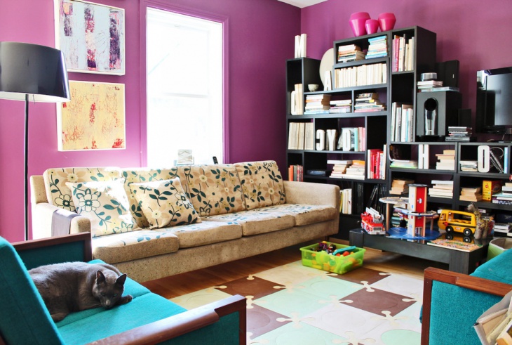 eclectic living room with scandinavian book shelves