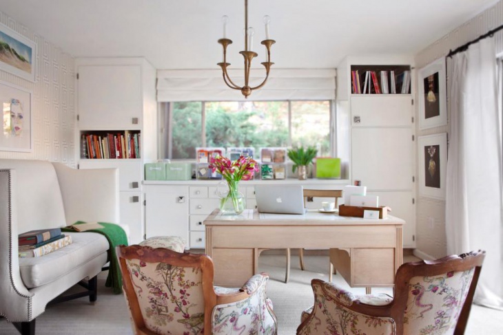 home office with white storage cabinets