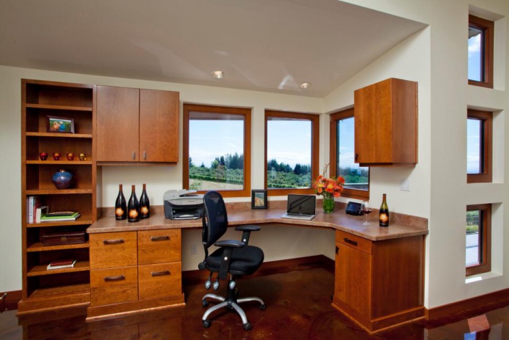 wooden shelves and cabinets in home office