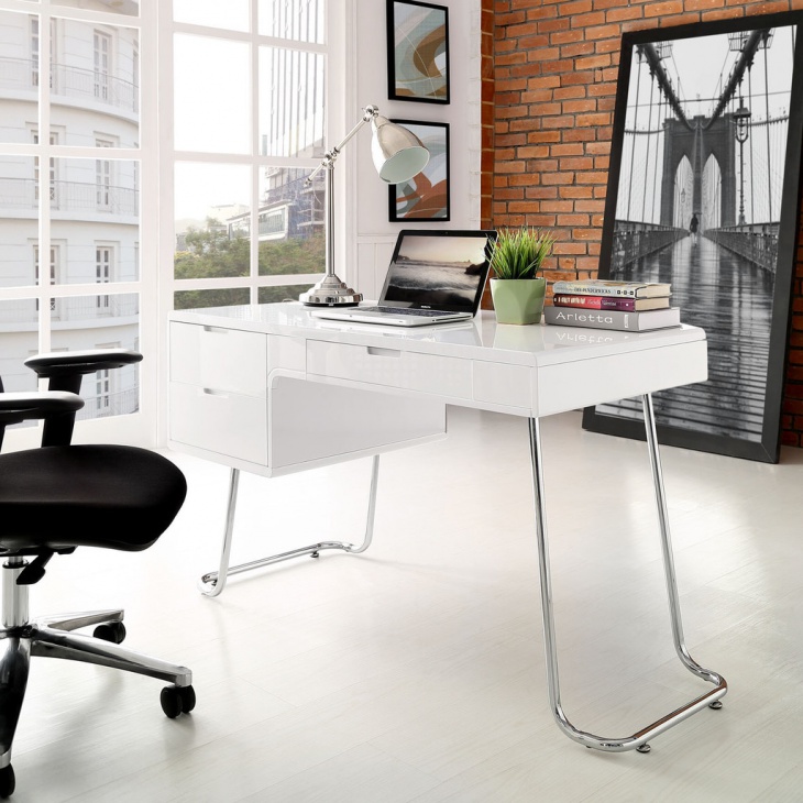 modern white office desk with keyboard tray