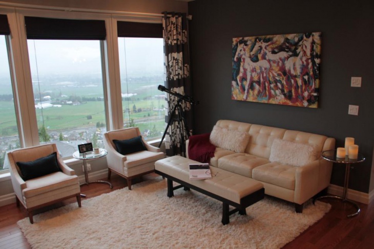 dark midcentury modern living room with white furniture