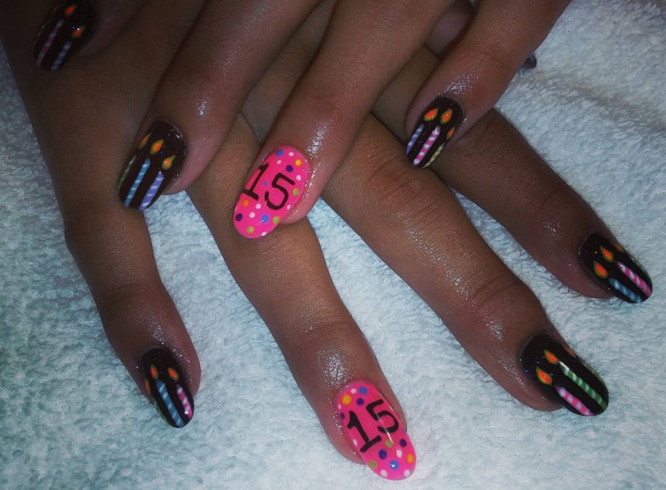 black and pink colored birthday nail art