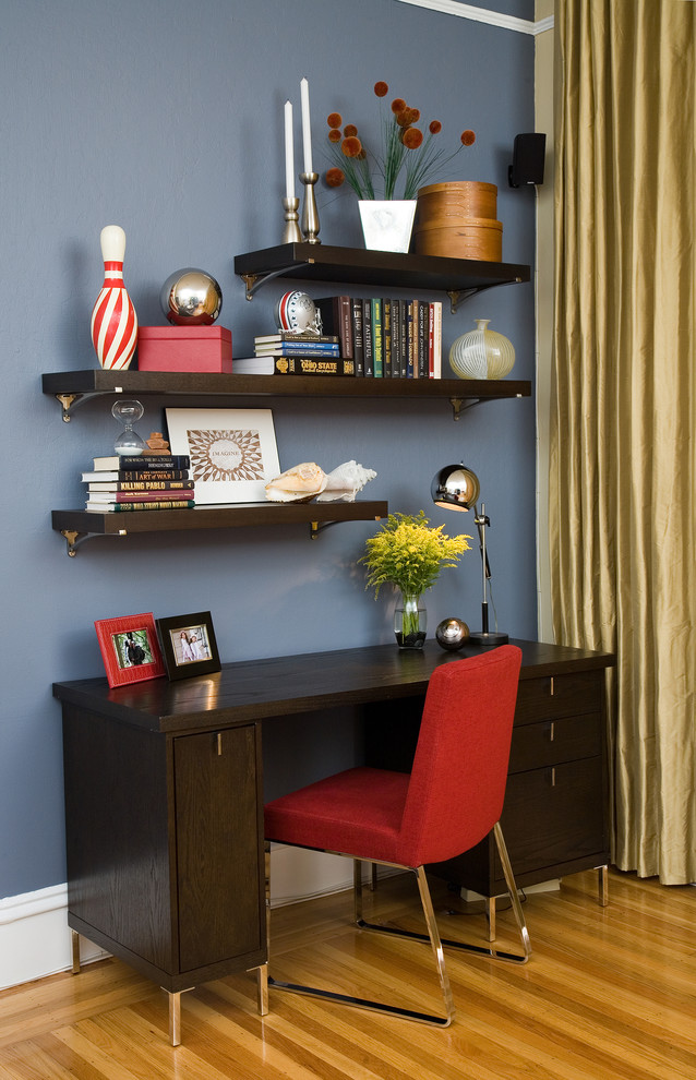 small home office with wooden shelves