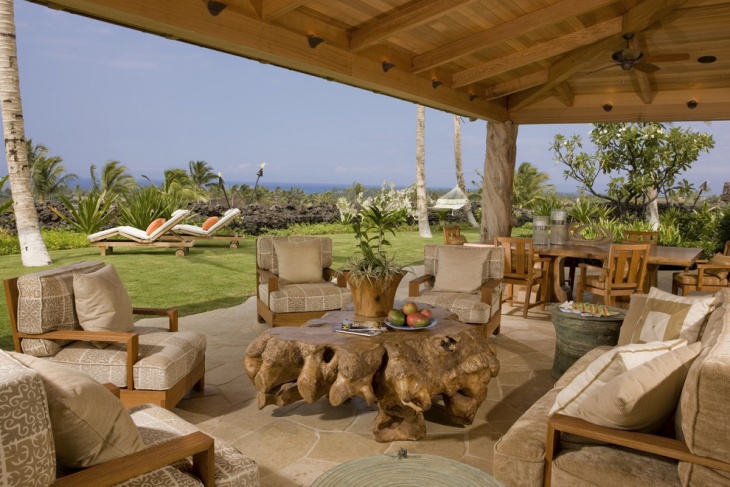 outdoor living area with teak furniture