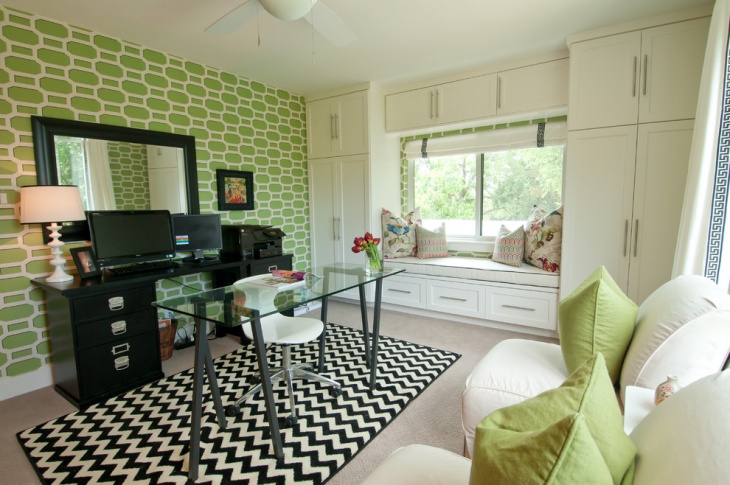 contemporary work space with green wall art