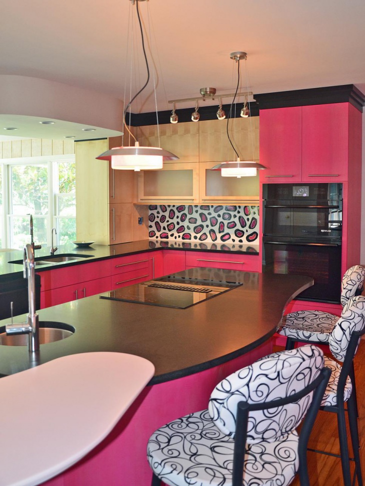 eclectic kitchen with retro pendant lamps