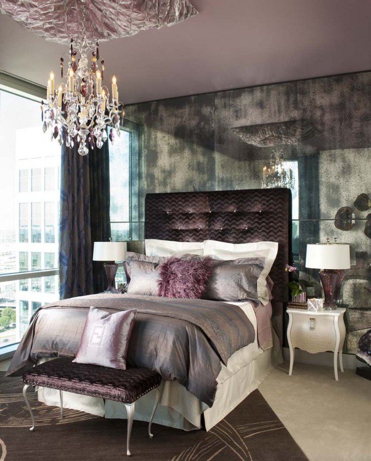 contemporary bedroom with vintage crystal chandelier