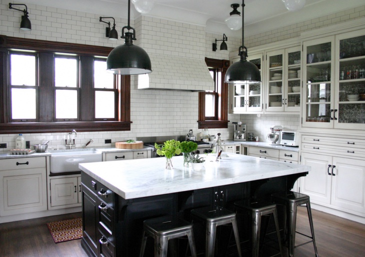 designed kitchen with hanging retro lights