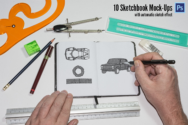sketchbook mockups with automatic sketch effect