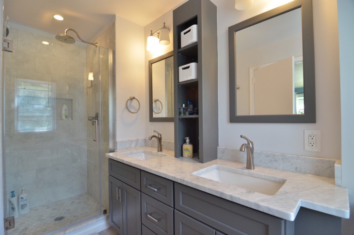 bathroom design with double vanity and single lever faucet