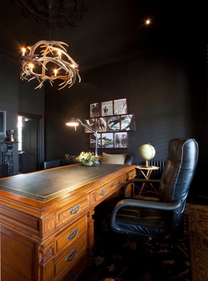 contemporary home office with classic antler chandelier