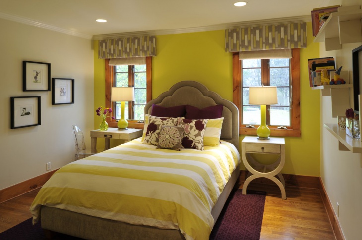 kids bedroom with funky yellow accent wall