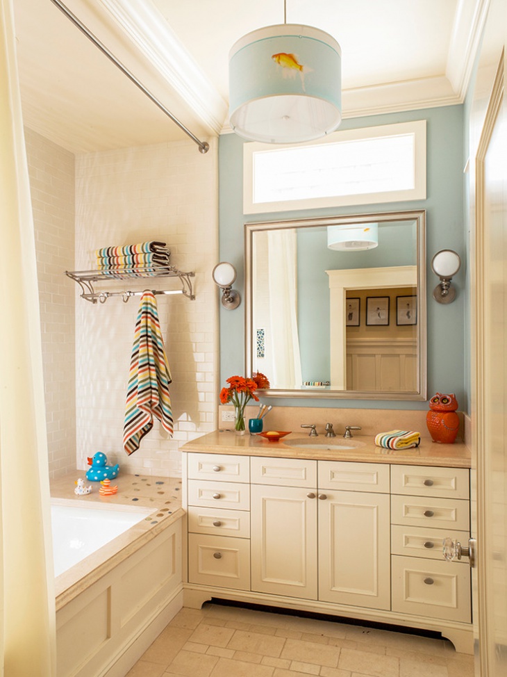 transitional bathroom with colorful towel
