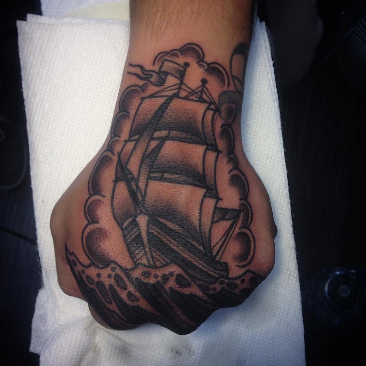palm ship tattoo design