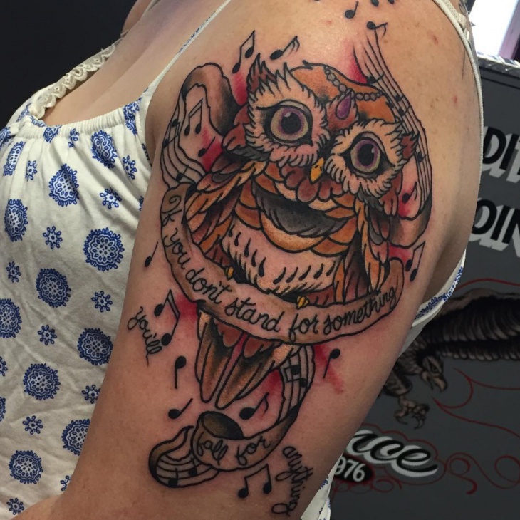 funny owl and music tattoo