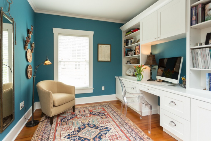 transitional blue and white home office