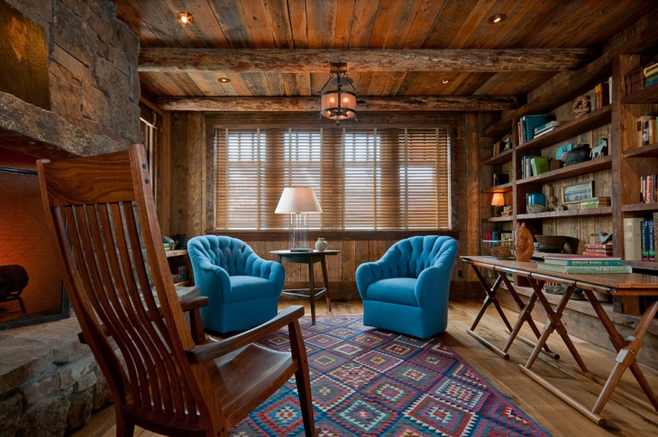 home office with blue chairs