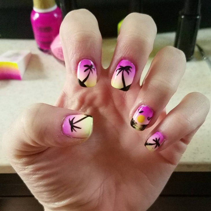 pink sunset nails with trees art