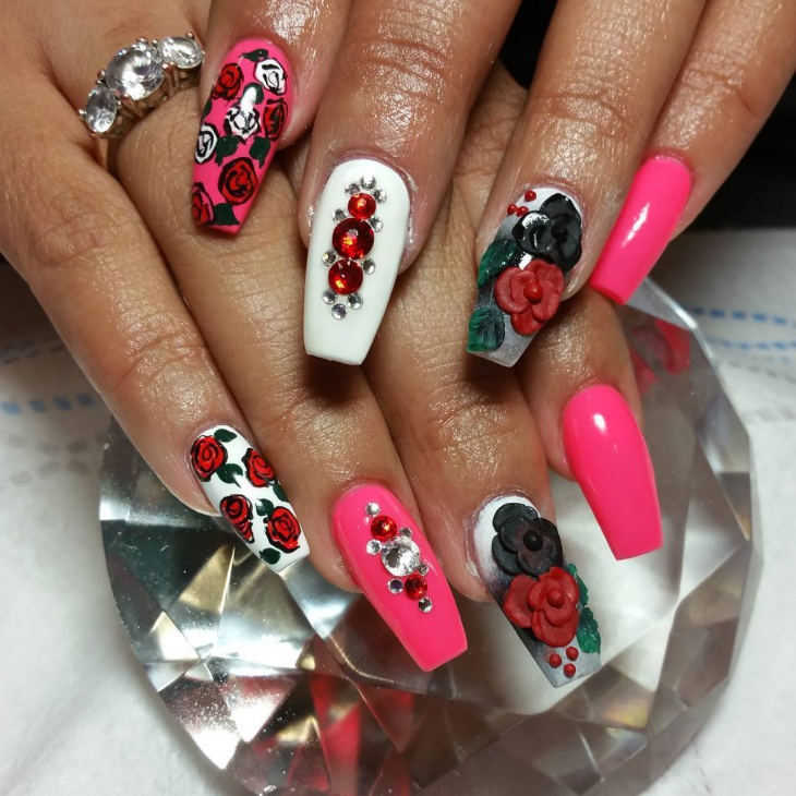 floral rhinestone nail art idea