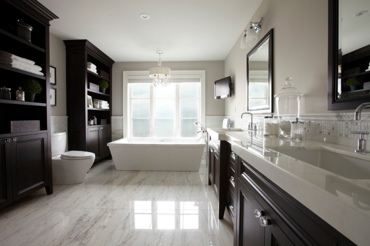 traditional bathroom with dark stained wood cabinets