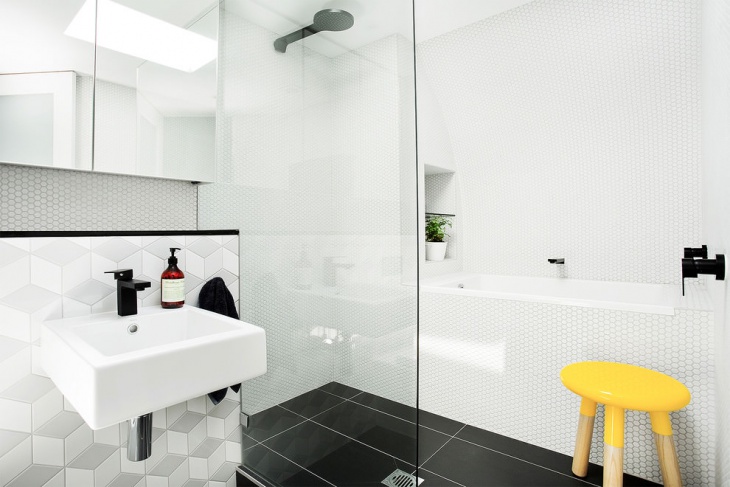 scandinavian bathroom with white mosaic tiles