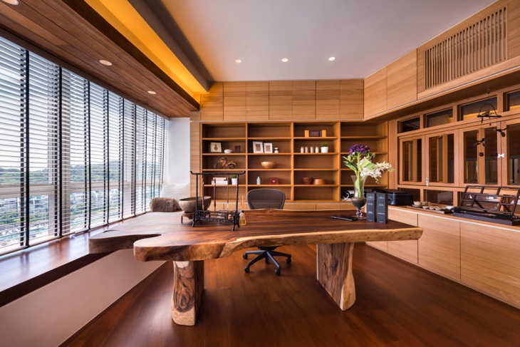 home office with wooden furniture