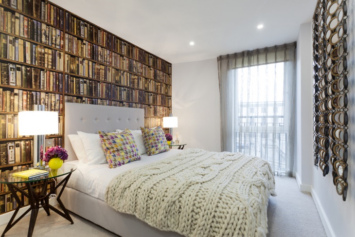 modern bedroom with book shelves