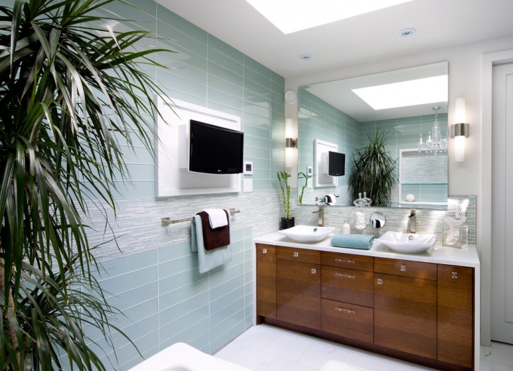 contemporary bathroom with light blue tiles