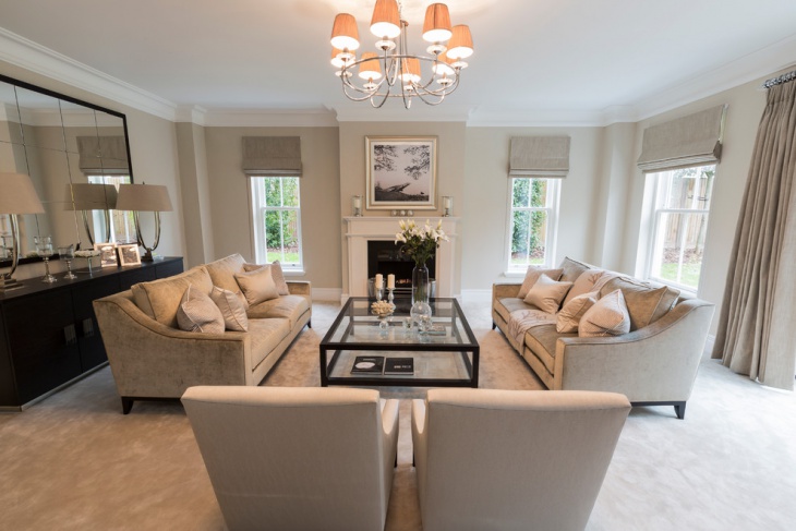 transitional family room with gray furniture