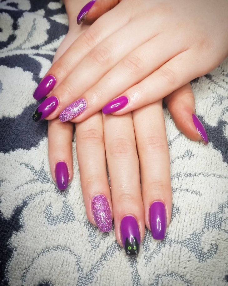 purple glitter cat nail art