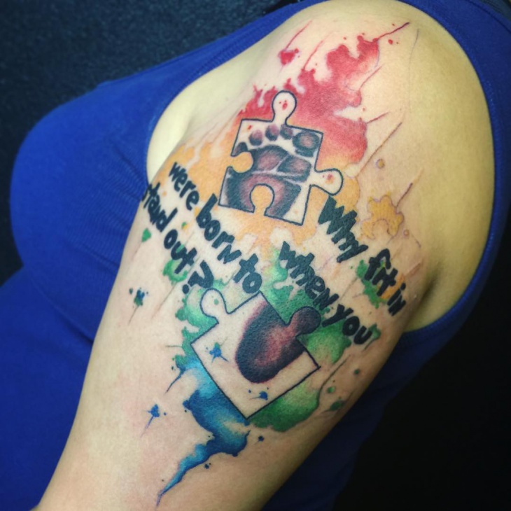 autism watercolor sleeve tattoo