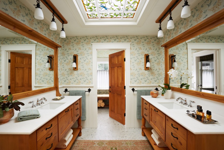 traditional bathroom with decorative wall